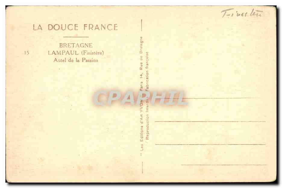 CPA Bretagne Lampaul Finistere Autel de la passion — Rückseite
