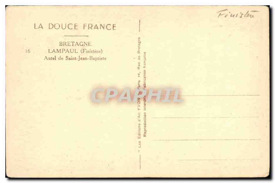 CPA Bretagne Lampaul Finistere Autel de SAint Jean Baptiste — Rückseite