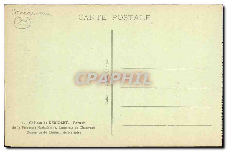 CPA Chateau de Keriolet Portrait de la princesse Narischkine Comtesse de Chauveau Donatrice du chateau de Keriolet — Rückseite