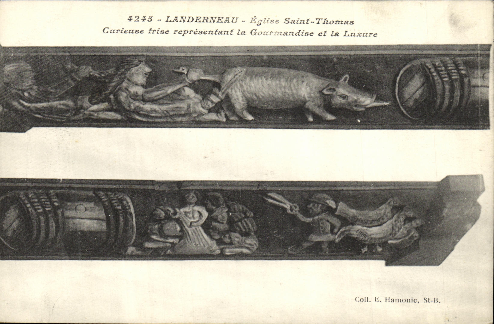 CPA Landerneau Eglise Sainte Thomas Frise representant la gourmandise et la luxure Cochon