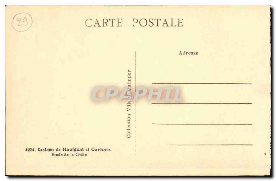 CPA Costume de Huelgoat et Carhaix Etude de la coiffe Folklore Costume — Verso