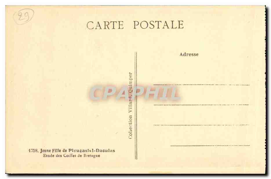 CPA Plougastel Daoulas Jeune fille Etude des coiffes de Bretagne Folklore — Rückseite