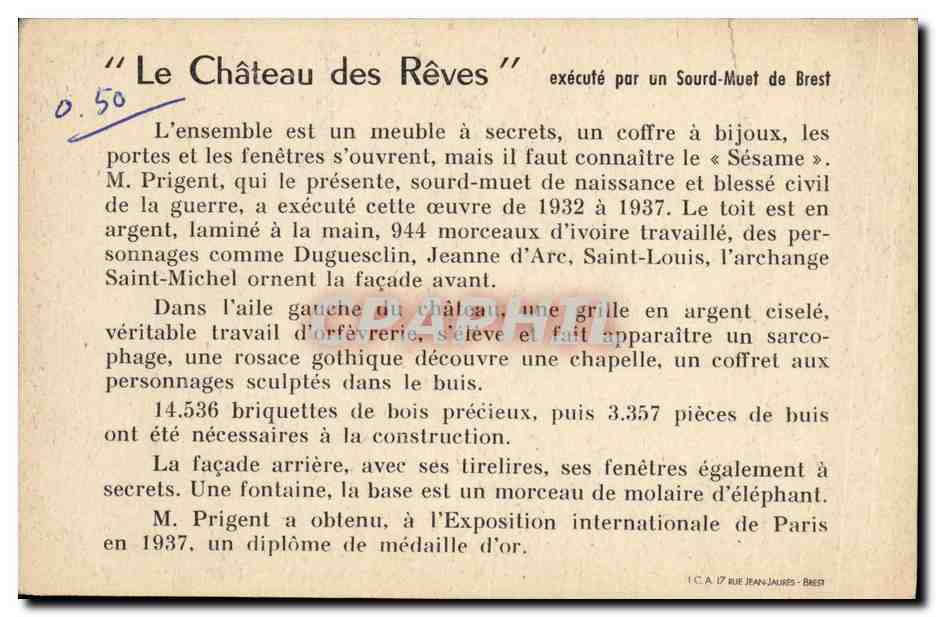 CPA Le Chateau des Reves execute par un Sourd Muet de Brest — Rückseite