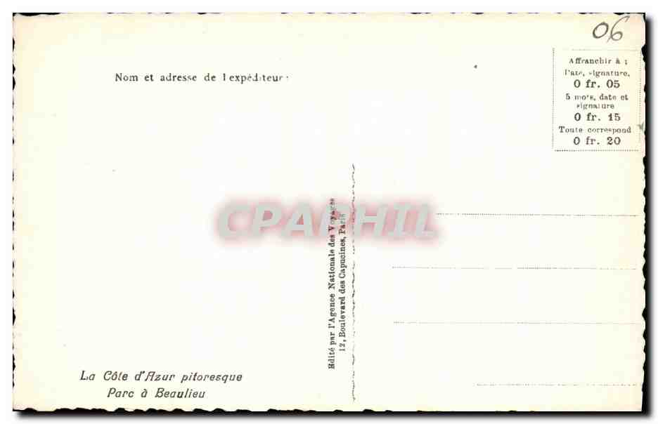 CPA Beaulieu La Cote d Azur pitoresque Parc A Beaulieu — Rückseite