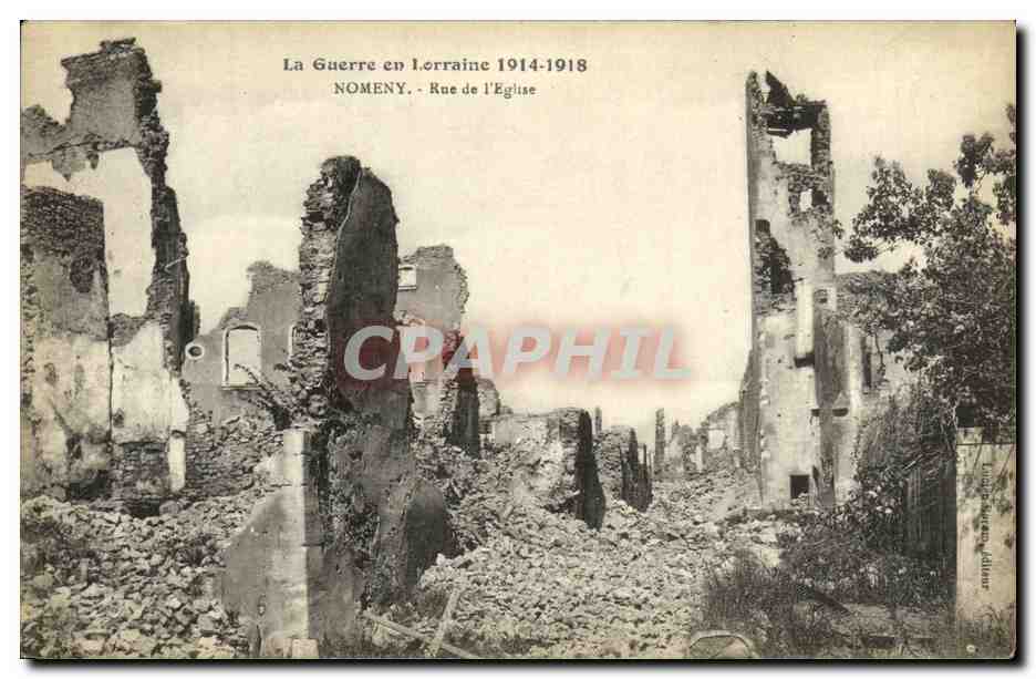 Nomeny - Rue de l'Église — Ruines après la guerre 1914-1918 — Éditeur : Européen-Éditeur
