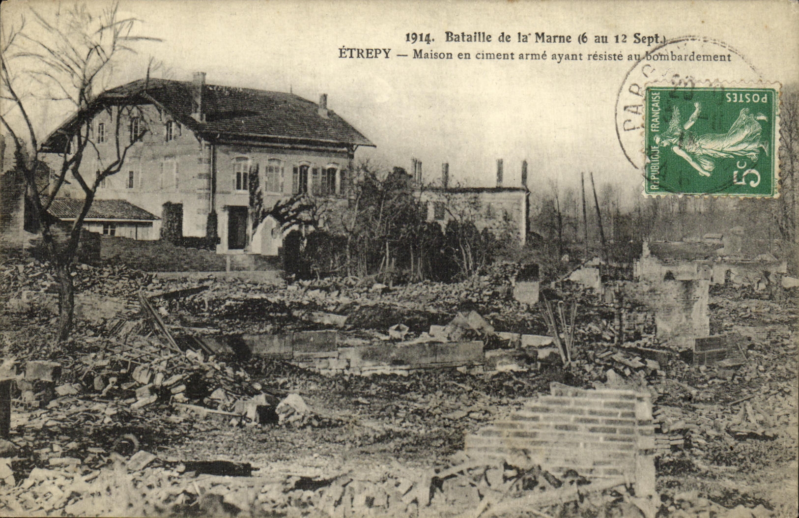 ÉTREPY — Maison en ciment armé ayant résisté au bombardement — Bataille de la Marne (6 au 12 Sept.)