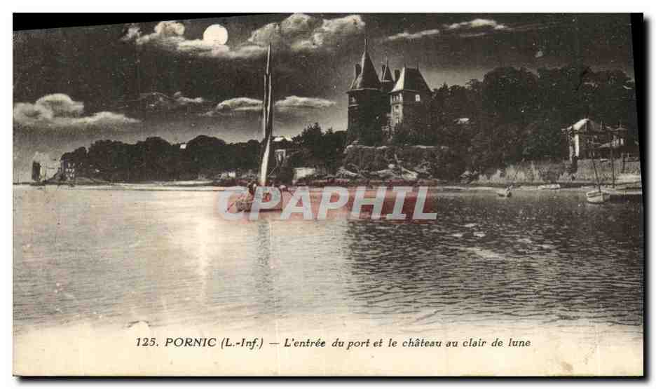 CPA Pornic L entree du port et le chateau au clair de lune