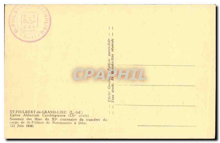 CPA St Philbert de Grand Lieu Eglise abbatiale carolingienne Souvenir des fetes du 11eme centenaire du transfert  — Verso