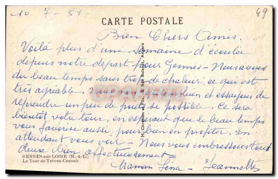 CPA Gennes Sur Loire La Tour de Treves Cunault — Rückseite