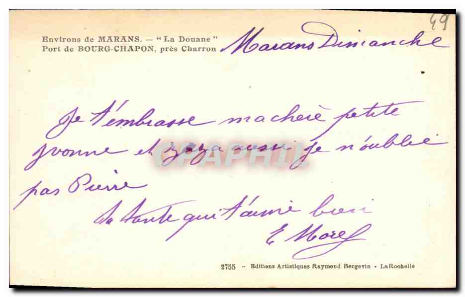 CPA environs de Marans La Douane Port de Bourg Chapon pres Charron Bateaux — Verso