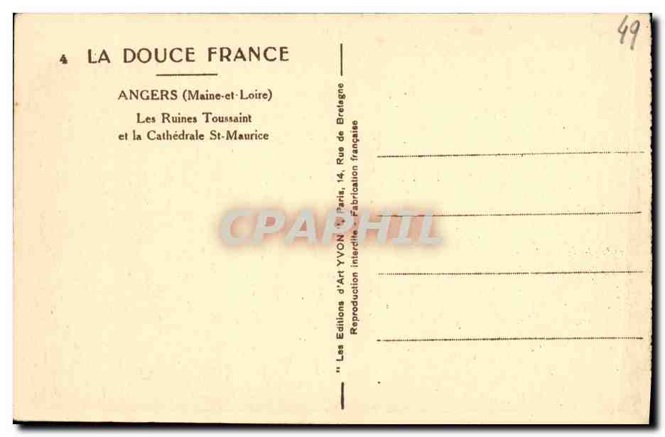 CPA La Douce France Angers Les Ruines Toussaint Et La Cathedrale St Maurice — Rückseite