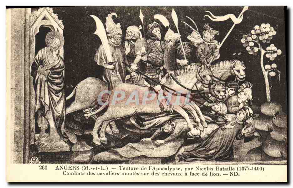 CPA Angers Tenture de I Apocalypse par Nicolas Batarille Combats des cavaliers montes sur des chevaux a face de lion