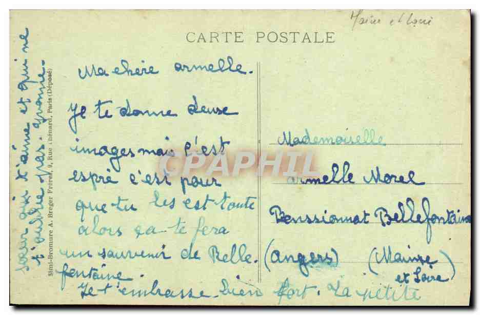 CPA Angers Institution Bellefontaine La Salle de Fetes — Rückseite