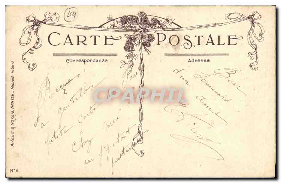 Amitiés de Nantes — paysage fluvial avec fleurs et papillon — éditeur Anjaud & Noguais, N°6 — Back