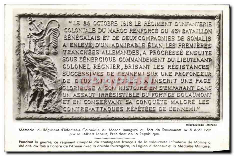 CPA Memorial du Regiment d Infanterie Coloniale du Maroc inaugure au Fort de Douaumount le par M Albert Lebrun 1932 