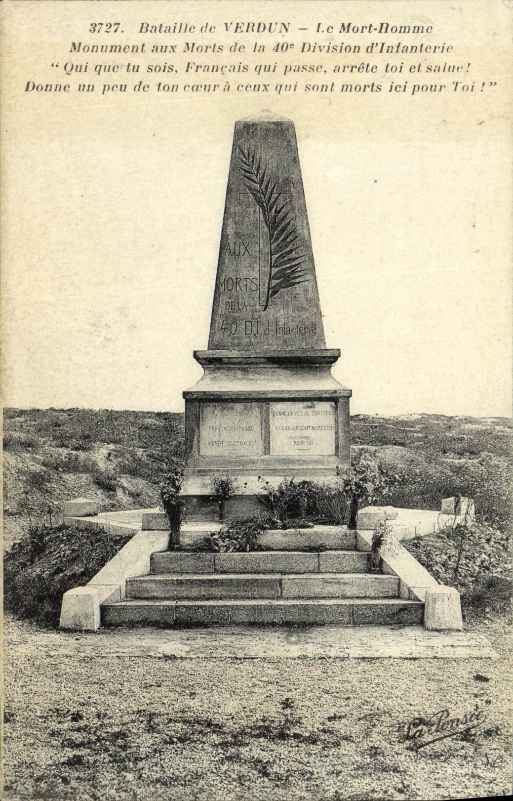 Bataille de Verdun — Le Mort-Homme — Monument aux Morts de la 40e Division d'Infanterie