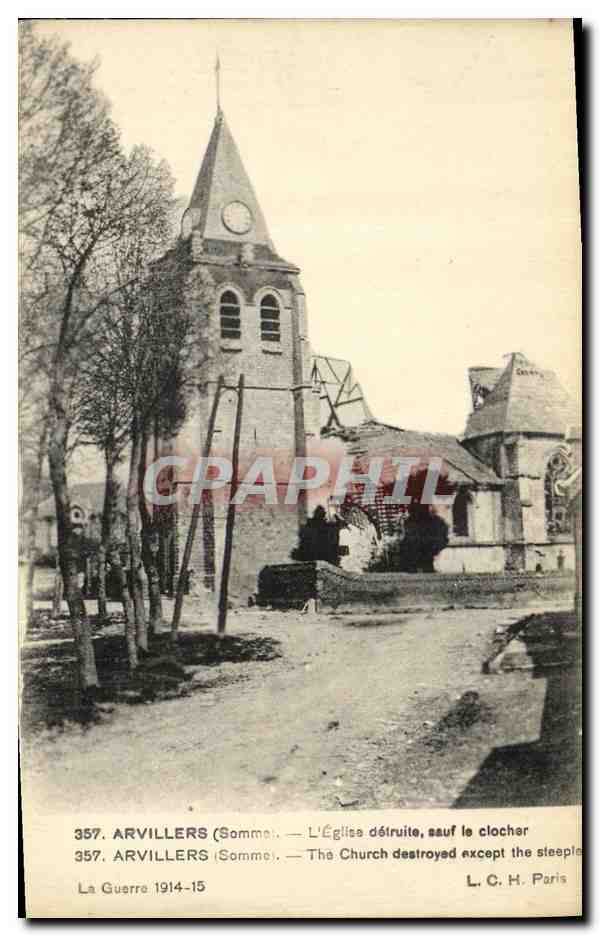 Arvillers (Somme) — L'église détruite, sauf le clocher — L. C. H. Paris, n° 357