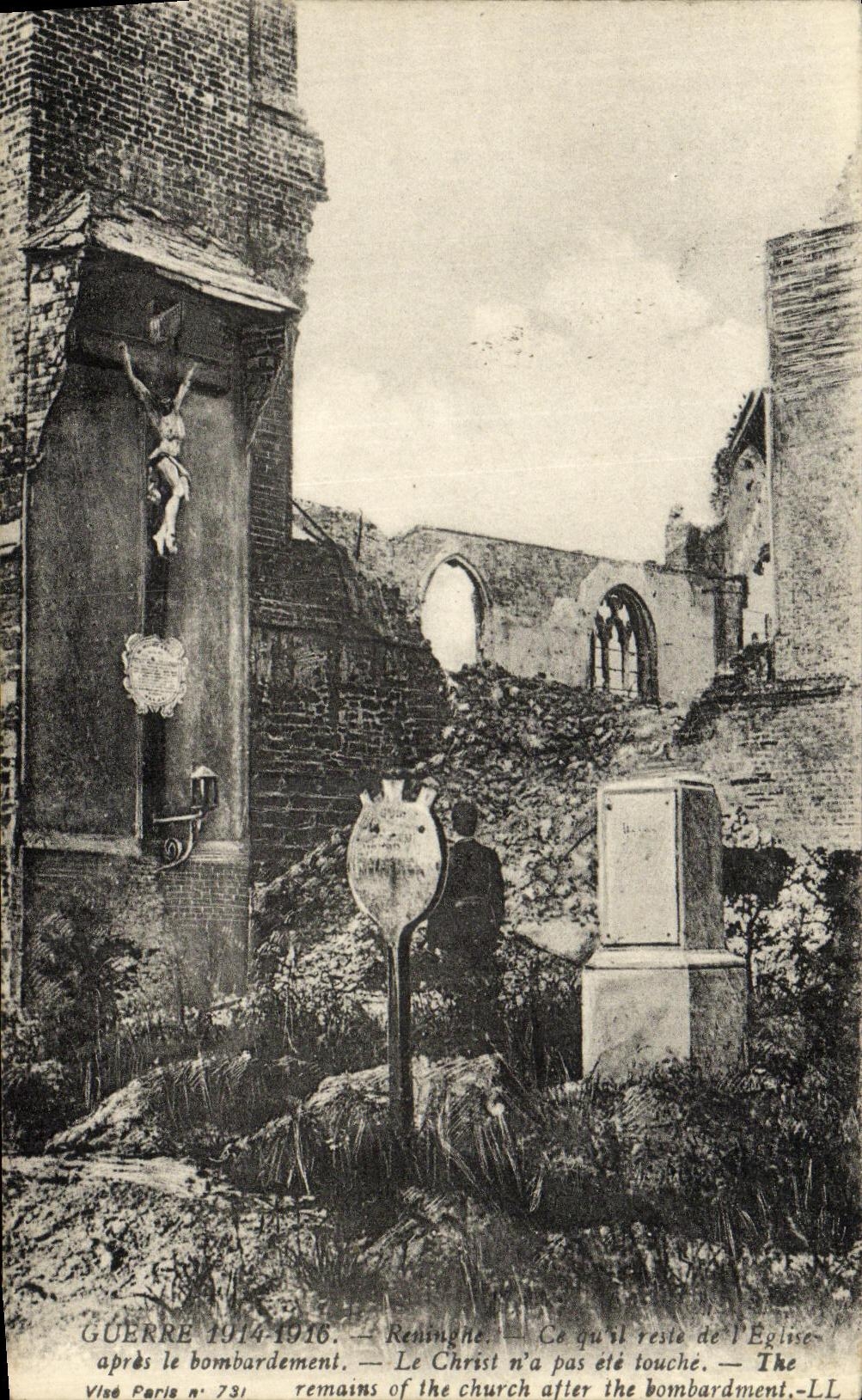 CPA Militaria Reningue L eglise apres el bombardement 