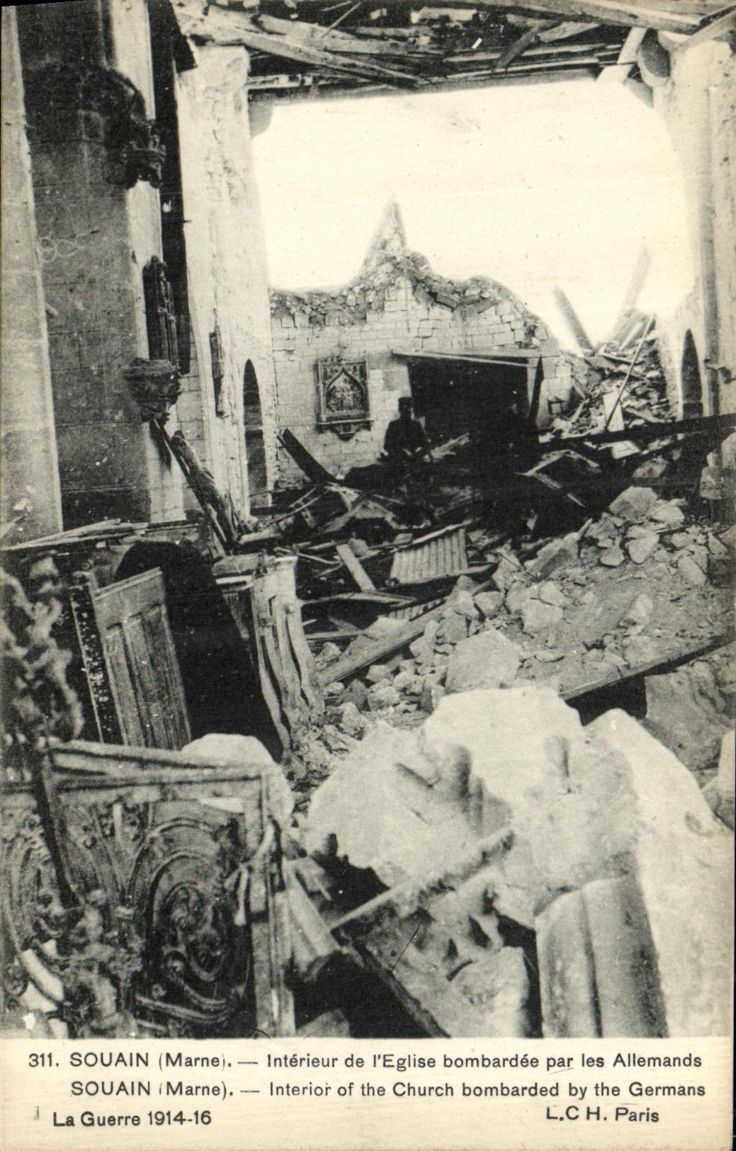 SOUAIN (Marne) — Interior of the Church Bombed by the Germans — L.C.H. Paris