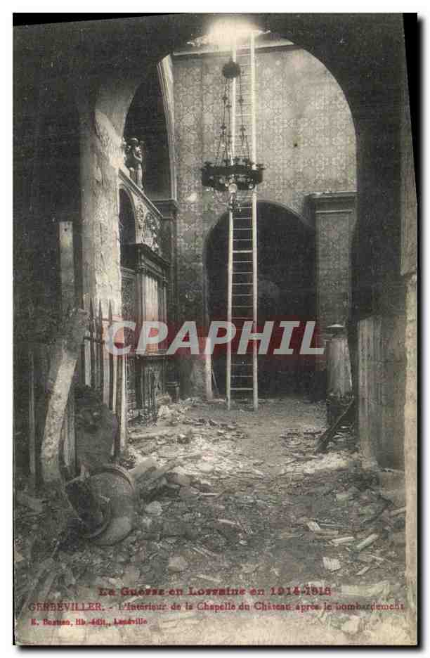Génèviller — Intérieur de la chapelle du château après le bombardement — K. Bautuan, lith. Lézéville