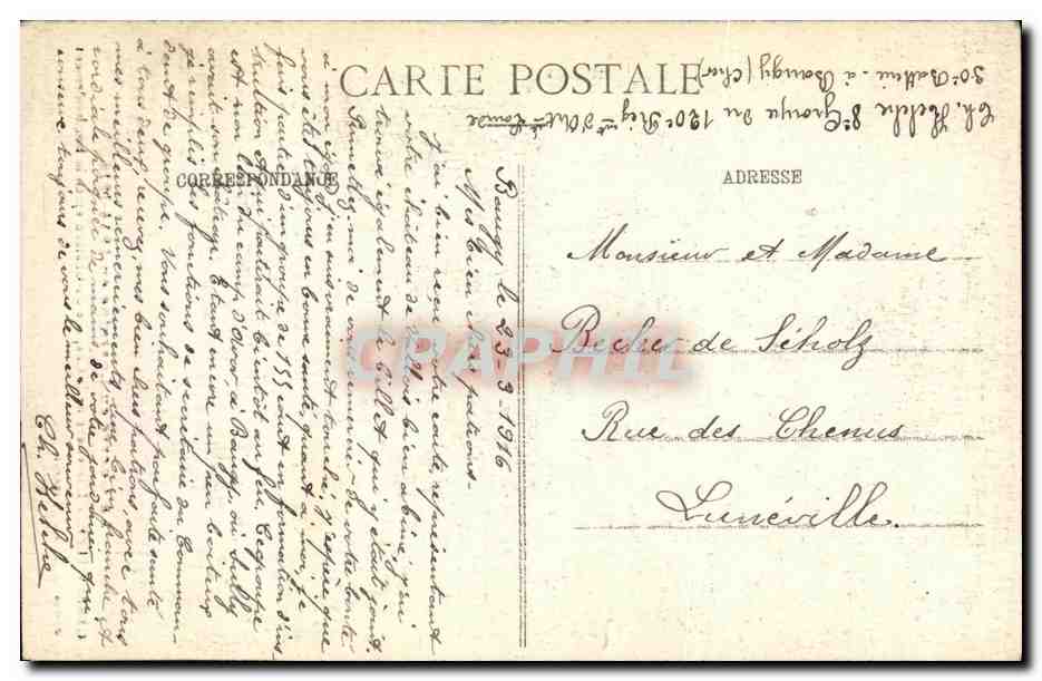 Génèviller — Intérieur de la chapelle du château après le bombardement — K. Bautuan, lith. Lézéville — Achterkant