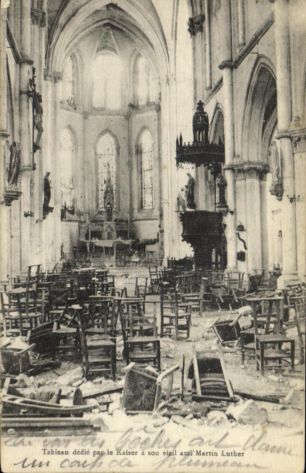 Devastated interior of a cathedral — Painting dedicated by the Kaiser to his old friend Martin Luther — Postcard