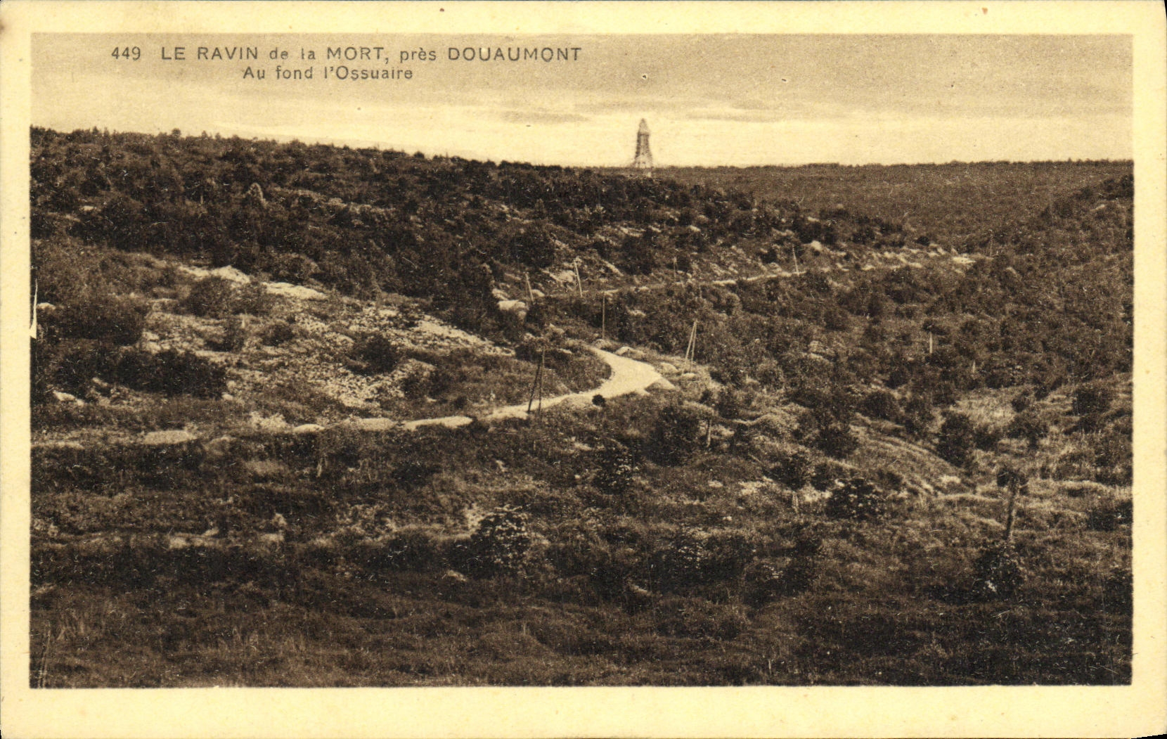 Le Ravin de la Mort, près Douaumont — Au fond l'Ossuaire — Éditions Verdun, n° 449