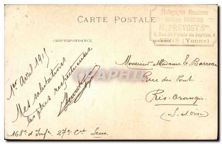 CARTE PHOTO Militaria Soldat 27eme cie Sens numero 168 sur le col  — Rückseite