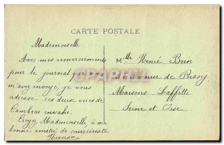 CPA Cambari Incendie de l Hotel de Ville Octobre 1918 Militaria — Rückseite