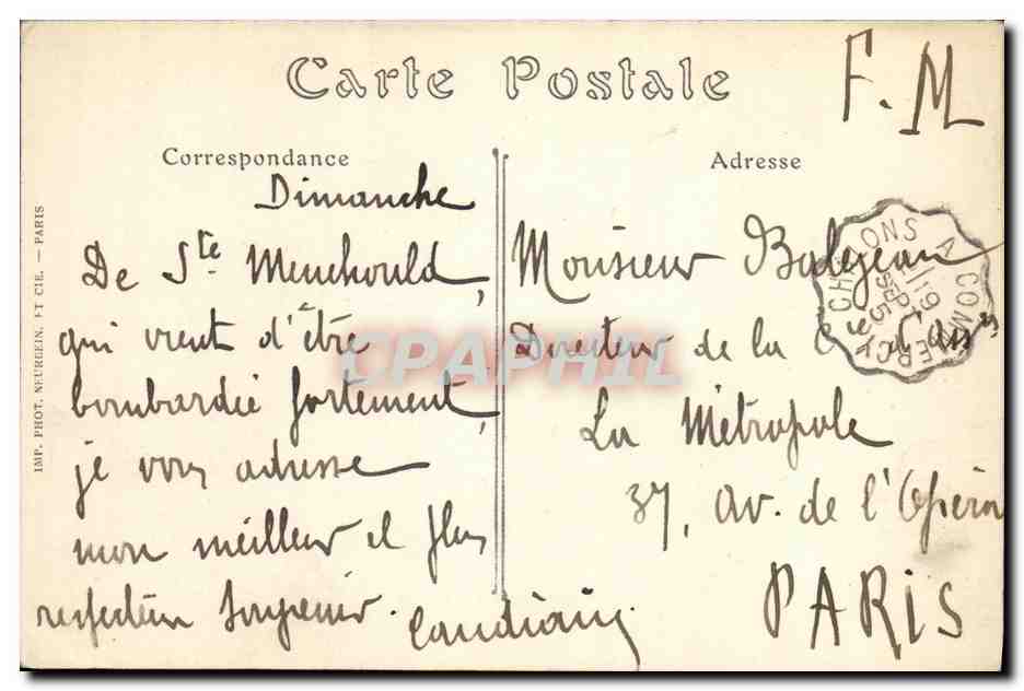 Campagne de 1914-1915 — Campement en Argonne — Visé Paris N° 170 — Reverso
