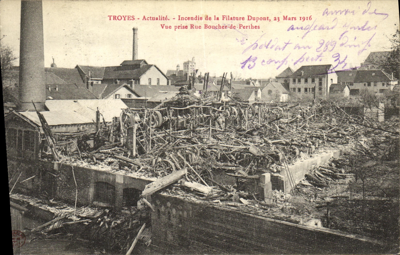 Troyes - Incendio della Filatura Dupont, 23 Marzo 1916 — Vista presa Rue Boucher-de-Perthes