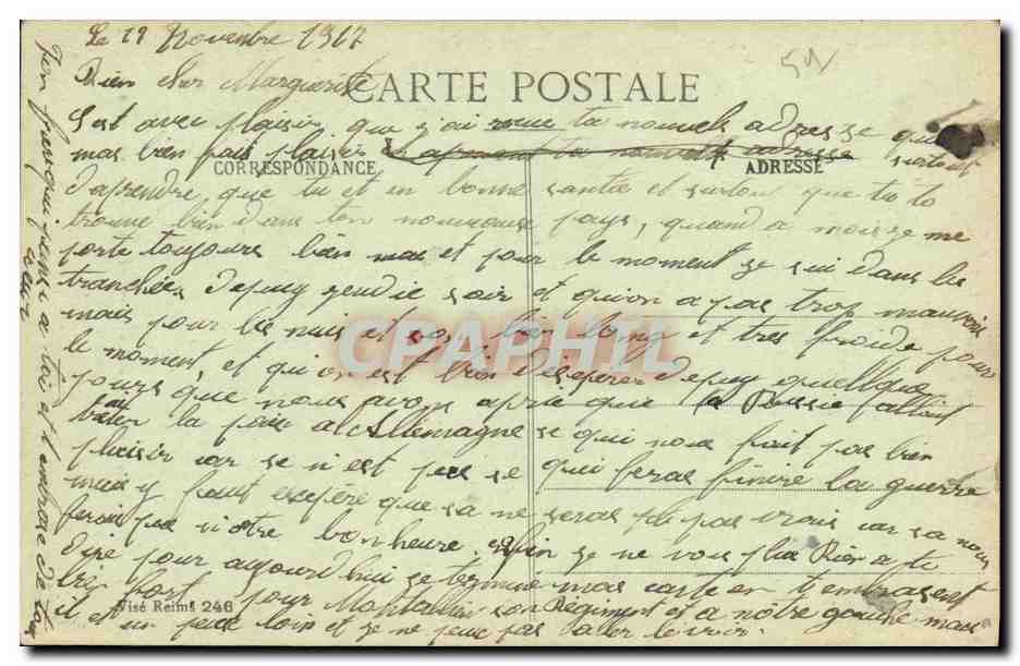 Reims dans ses années de bombardements 1914-1917 — La Cathédrale incendiée par les Allemands, le 19 Septembre 1914 (côté latéral Nord) — Collection G. Dubeis, Reims — Verso