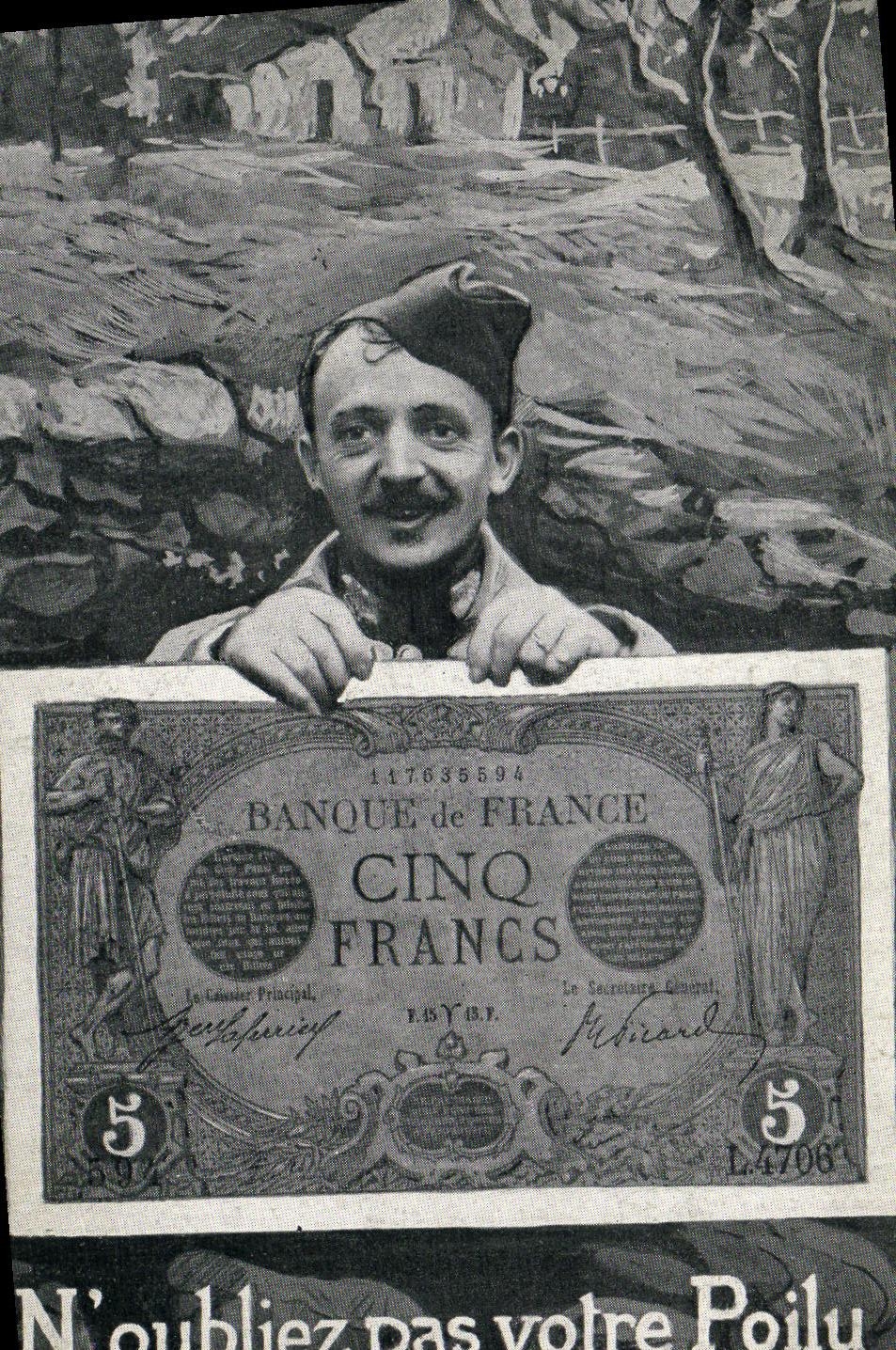CPA Militaria Votre Poilu Billet Banque de France Cinq Francs 