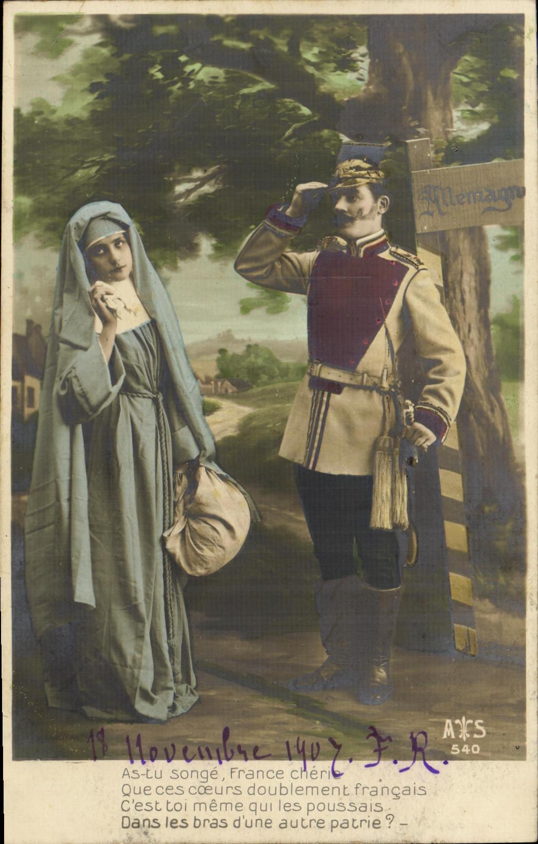 Französischer Soldat und Frau im Schleier — Grenze Deutschland — A.M.S. 540