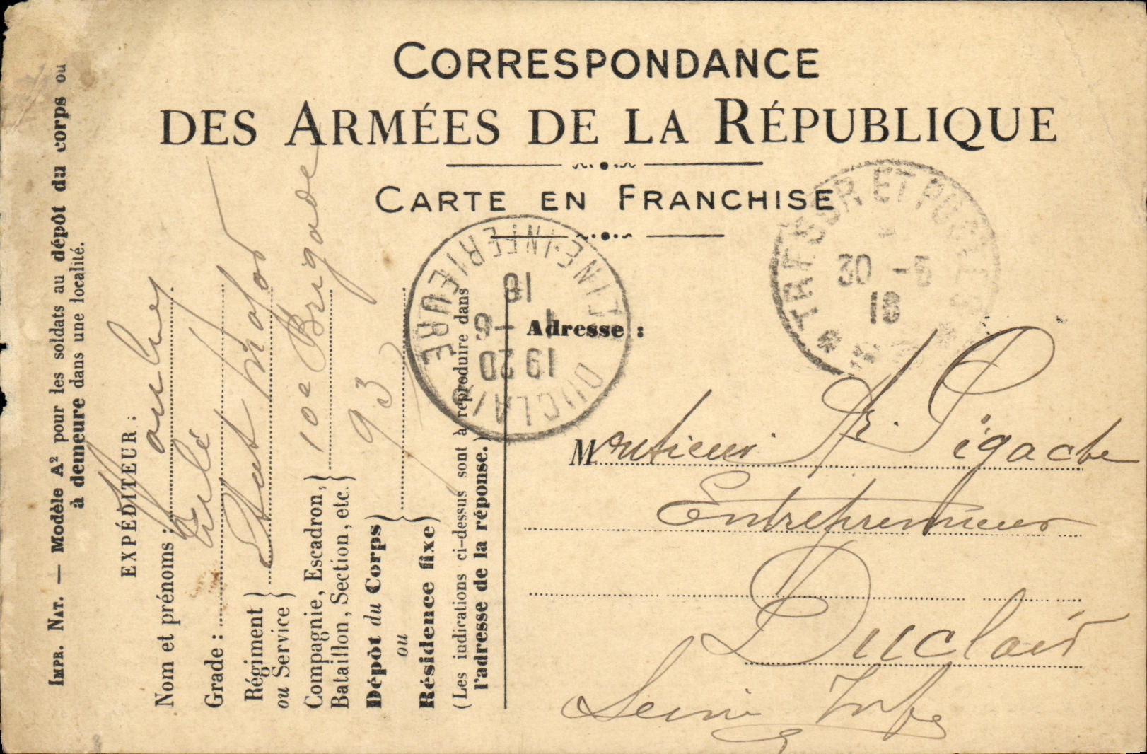 Carte de Franchise Militarire Militaria Pegache duclair 