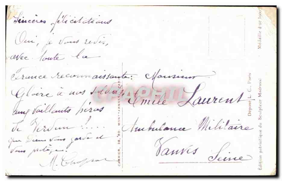 CPA Militaria Gloire a nos Soldats  — Verso