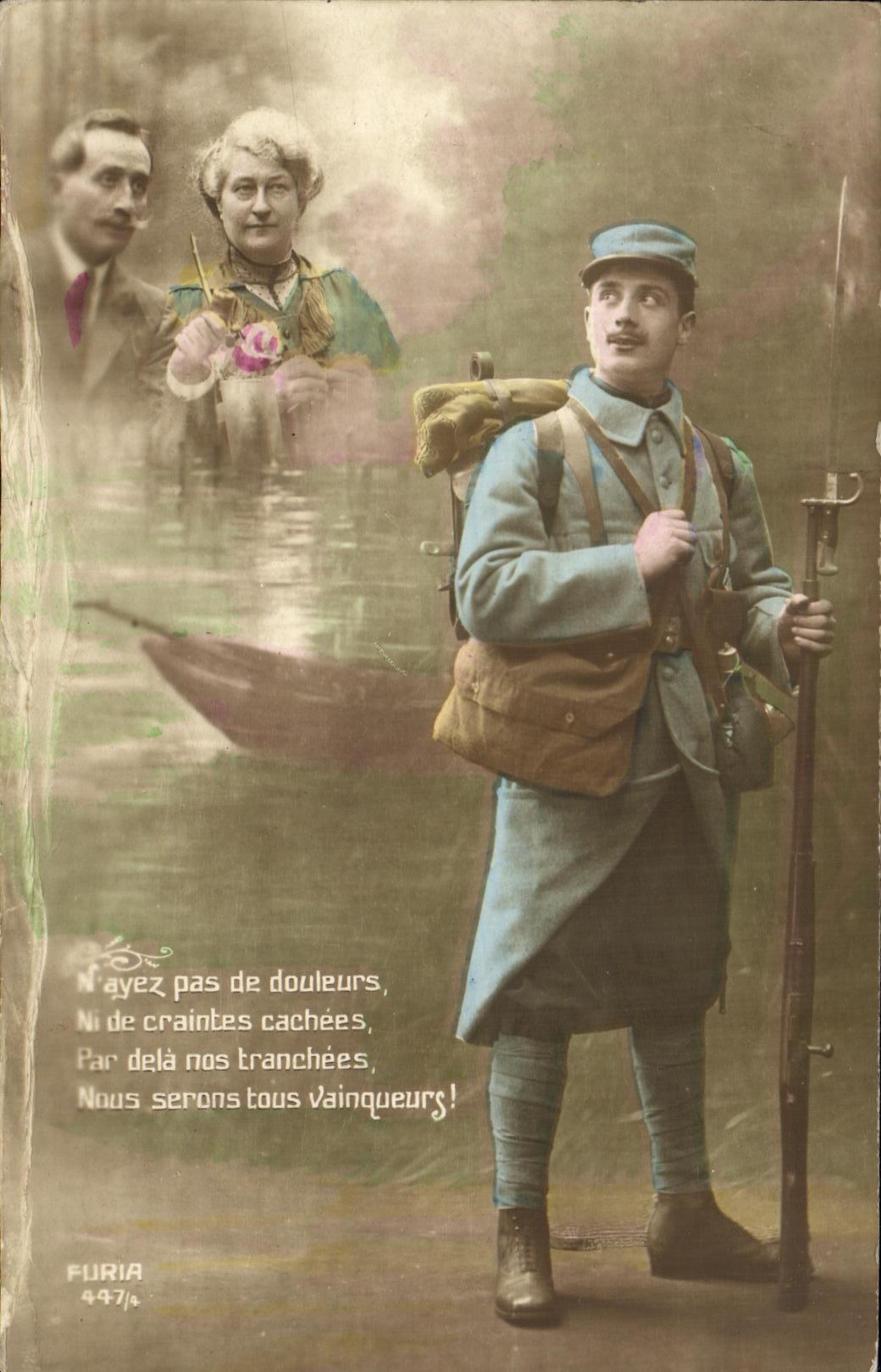 CPA Militaria N ayez pas de douleurs Ni de craintes cachees par dela nos tranchees