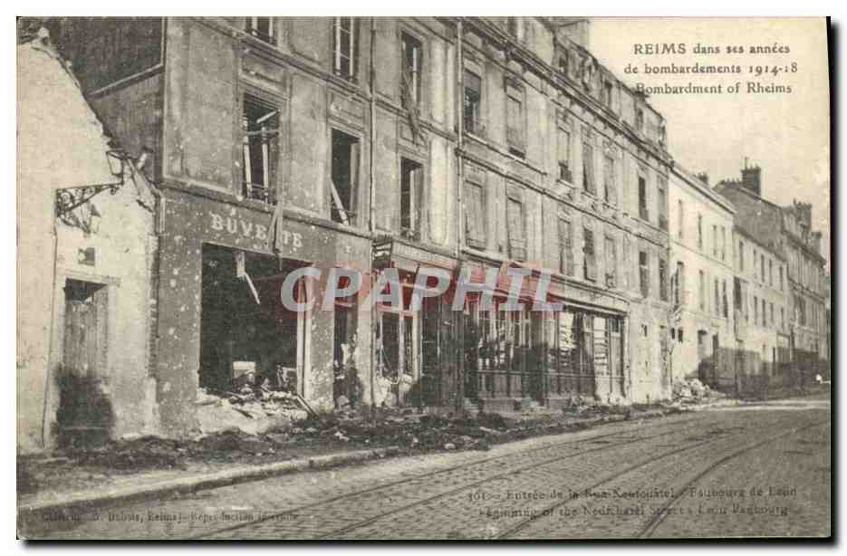 Reims dans ses années de bombardements 1914-18 — Entrée de la Rue Newbold, Faubourg de Land — Éditeur : C. Urban, Reims