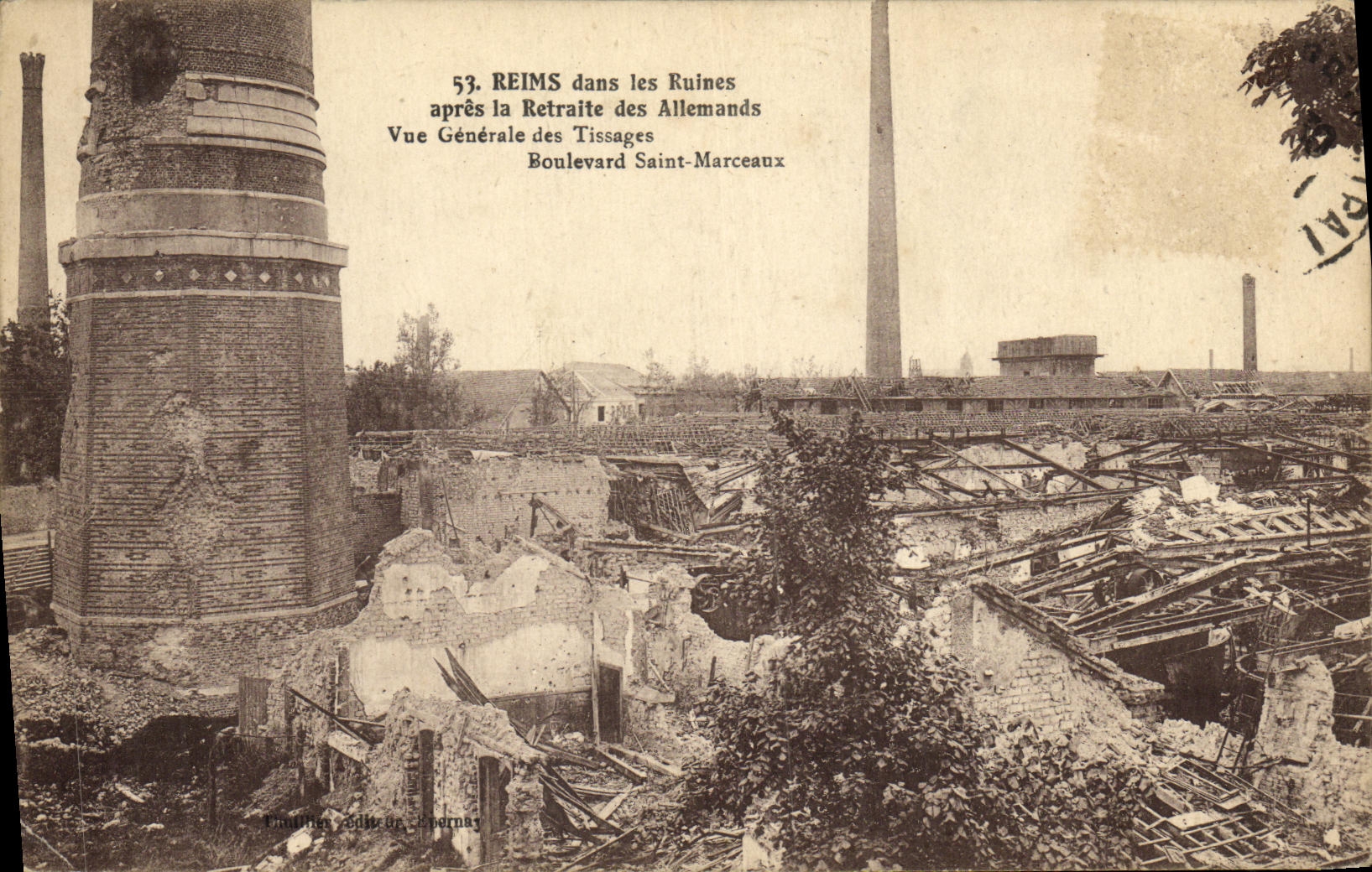 Reims dans les Ruines — après la Retraite des Allemands — Vue Générale Boulevard Saint-Marceaux — Édition J. Kœnery