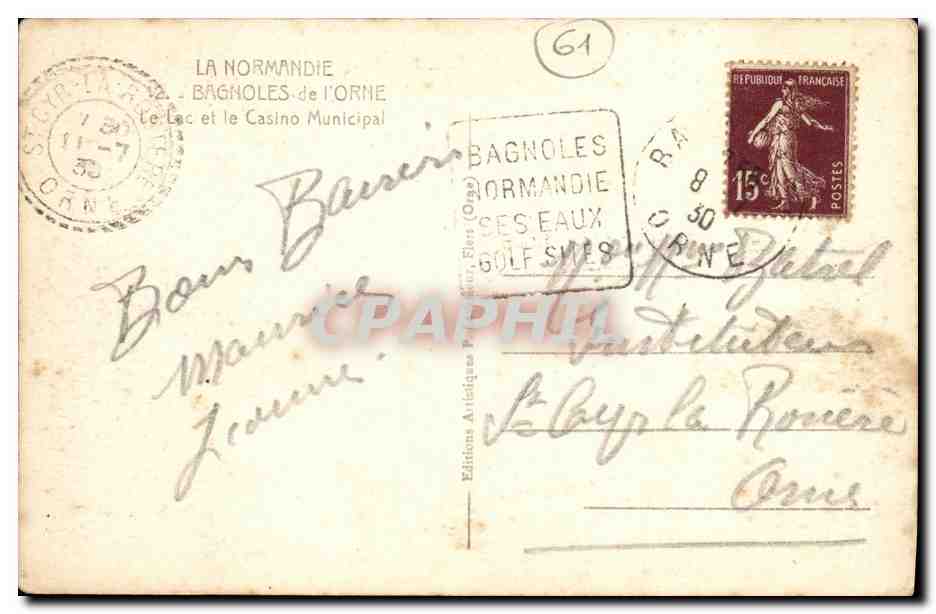 El Lago y el Casino Municipal — Bagnolles-de-l'Orne — editor J. Periassieur — Reverso