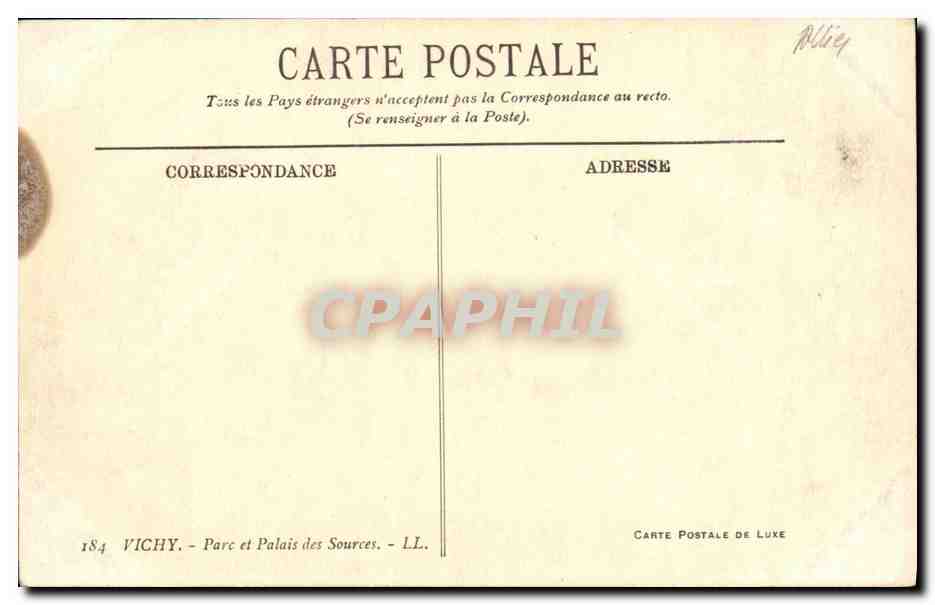 Vichy — Parc et Palais des Sources — Carte Postale de Luxe n°184 — Rückseite