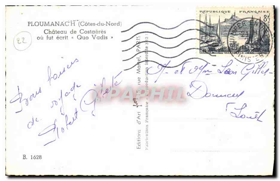 CPA Ploumanch Chateau de Costaeres ou fut ecrit Quo Vadis — Verso