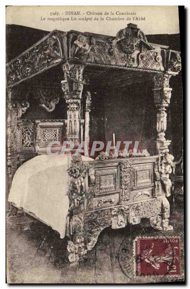 Dinan - Château de la Conninais — Le magnifique Lit sculpté de la Chambre de l'Abbé — n° 3167