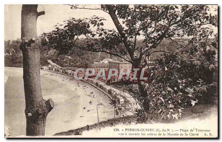 Perros-Guirec (C.-du-N.) — Plage de Trestraou vue à travers les arbres de la Montée de la Clarté — Phototypie A. Bruel-Angers, n°139