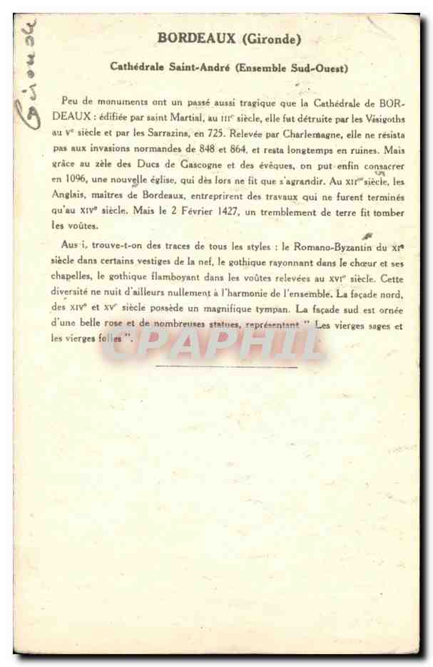 CPA Bordeaux Cathedrale Saint Andre Sud Ouest et Tour Pey Berland — Verso