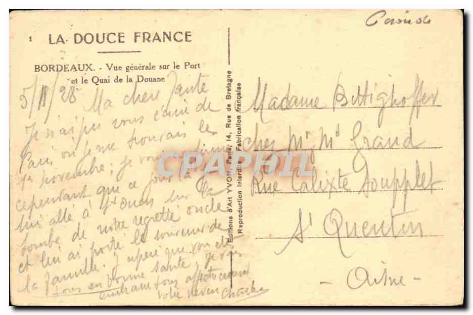 CPA Bordeaux Vue Generale sur le Port et le Quai de la Douane Bateaux — Verso