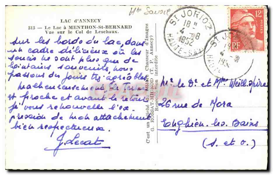 Lac d'Annecy — Vue sur le Col de Leschaux — G. ROSSAT, T.P. Annecy, n°313 — Verso