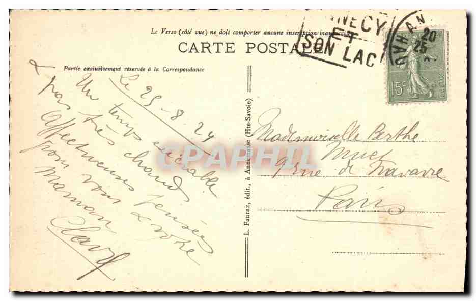 CPA Lac Annecy IIe des Cygnes et la Tournette — Verso