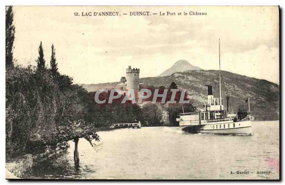 CPA Lac Annecy Duingt Le Port et le Chateau Bateau