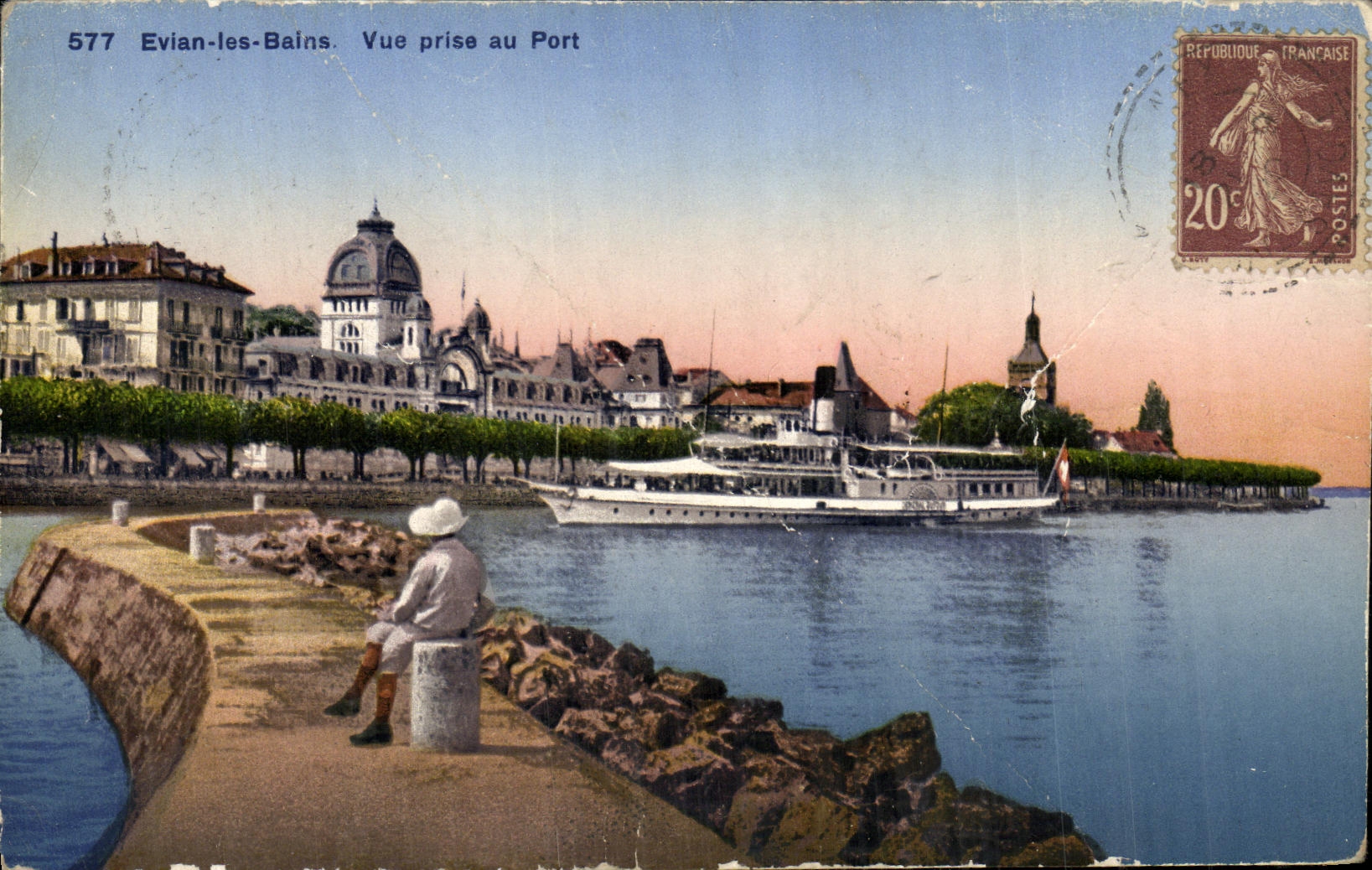 Tarjeta postal antigua Vista tomada desde el muelle de barcos de Évian-les-Bains